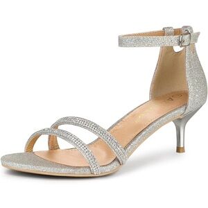 Allegra K Silver Glitter Ankle-Strap Kitten Heel Sandals